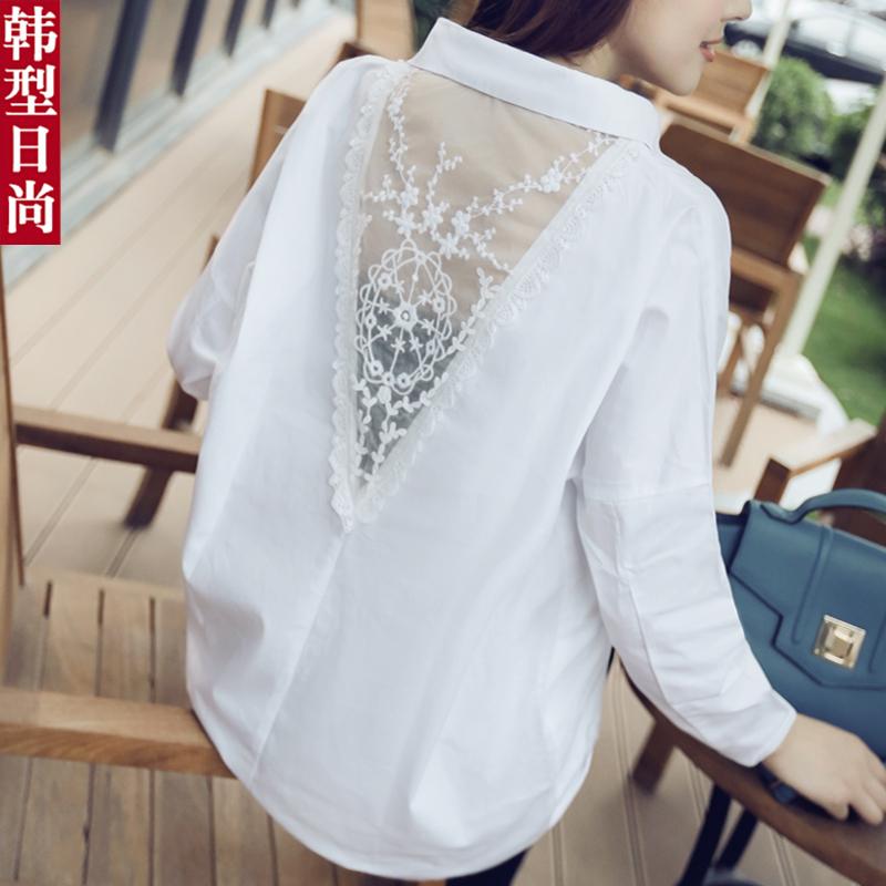 2015春季女款韩版宽松显瘦长袖衬衫 蕾丝拼接性感镂空纯棉女衬衣