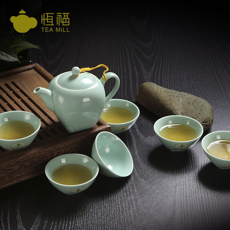 恒福正品功夫茶具景德镇陶瓷青瓷整套套装越窑天地方圆茶壶组