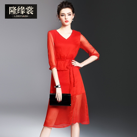 隆缘裳2017春装新款女时尚名媛透视七分袖显瘦真丝红色连衣裙1610商品大图