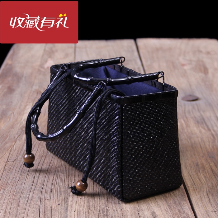 提包包邮收纳黑色茶具 便携茶道旅游女士包茶叶 草编复古手提包茶