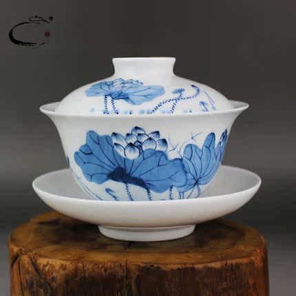 贵和祥盖碗三才碗手绘青花瓷荷花碗杯景德镇陶瓷功夫茶具茶碗大号