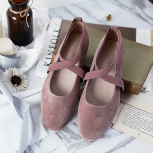 复古软底绑带方头芭蕾浅口鞋