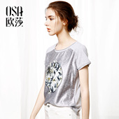 T恤女B11076 圆领拼接面料 新款 印花短袖 经典 OSA欧莎2017夏装