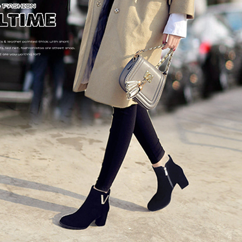 马丁靴女高跟鞋女靴春秋单靴裸靴子女磨砂真皮2017新款短靴女粗跟