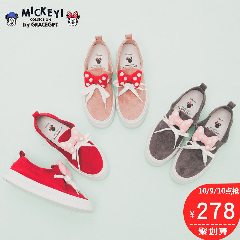 grace gift迪士尼米奇家族可爱蝴蝶结系带乐福鞋女单鞋舒适平底鞋