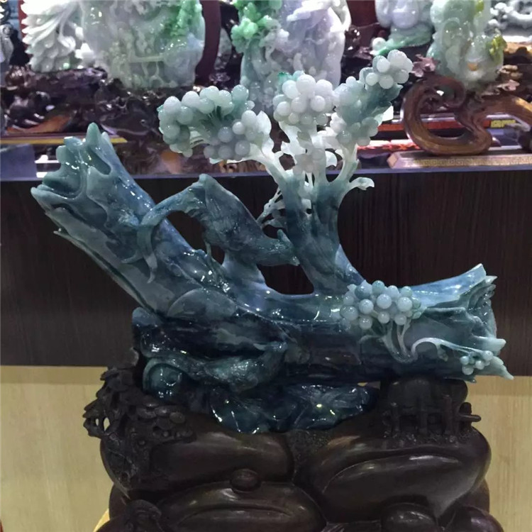 正品翡翠蓝水枯木逢春摆件 天然缅甸玉a货老坑玉器收藏品带证书
