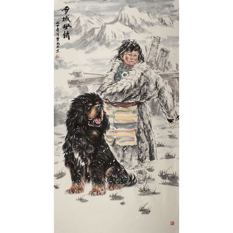 名家手绘客厅国画山水画仿古字画女孩与藏獒 客厅卧室玄关装饰画