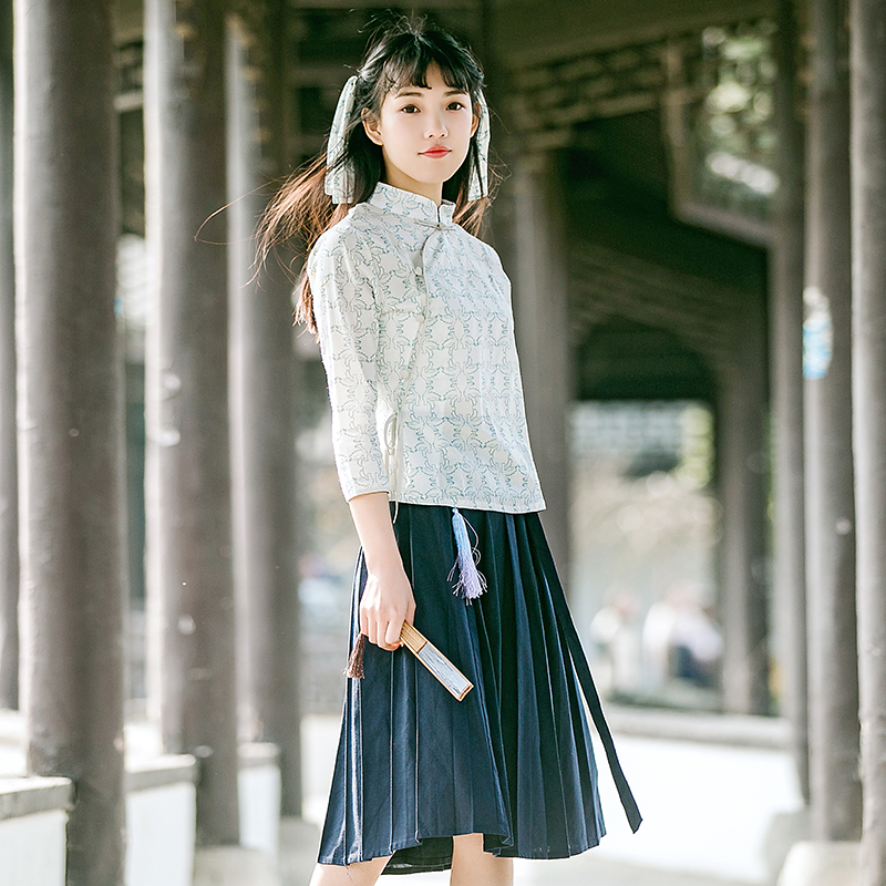 棉麻连衣裙套装女2017夏季民国风大码复古显瘦学生班服文艺两件套