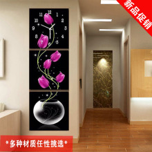 饰画郁金香 现代客厅无框画带钟表壁画挂钟三联冰晶玻璃玄关走廊装
