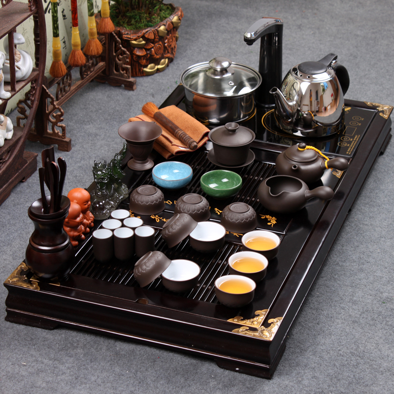 瓷牌茗茶具套装 宜兴紫砂功夫茶具 整套四合一电磁炉实木茶盘茶海