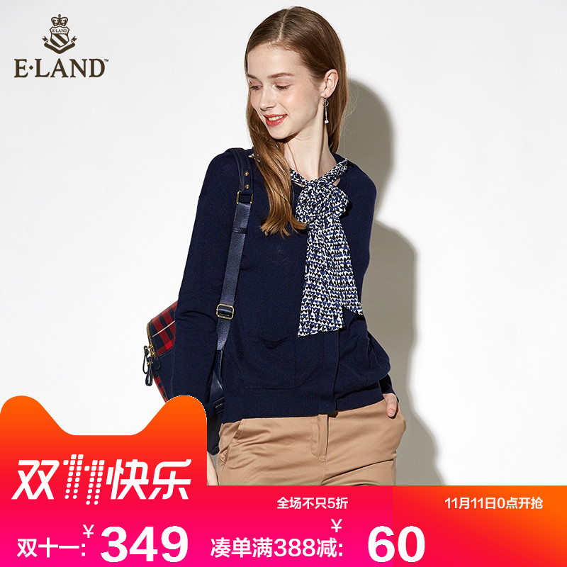 ELAND衣恋17秋冬新品桃心系带纯色针织毛衣开衫女女商场同款
