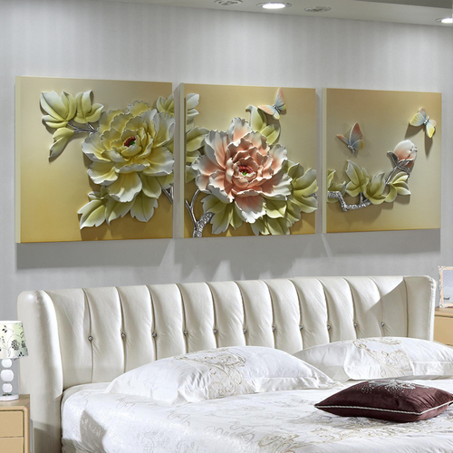 现代客厅装饰画沙发墙无框画卧室床头挂画卧室壁画浮雕画牡丹