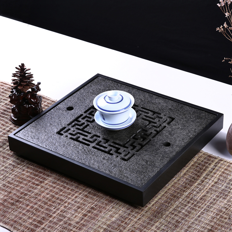 上古 茶盘石储水式茶台小号石头茶海排水雕刻茶具乌金石茶盘家用