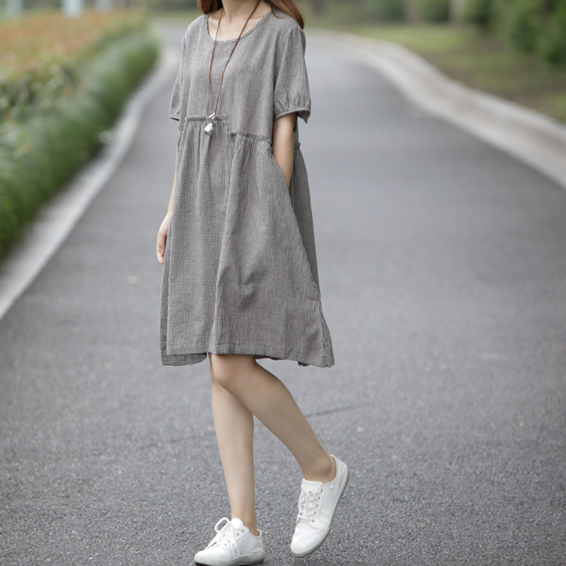 素孜女夏装新款2017 韩版宽松大码女装时尚苎麻纯色连衣裙