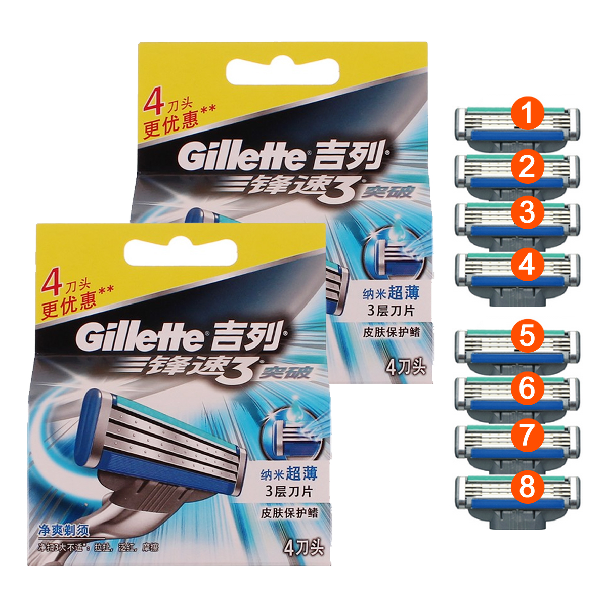 【 包邮】gillette吉列锋速3突破剃须刀片 8片装 手动
