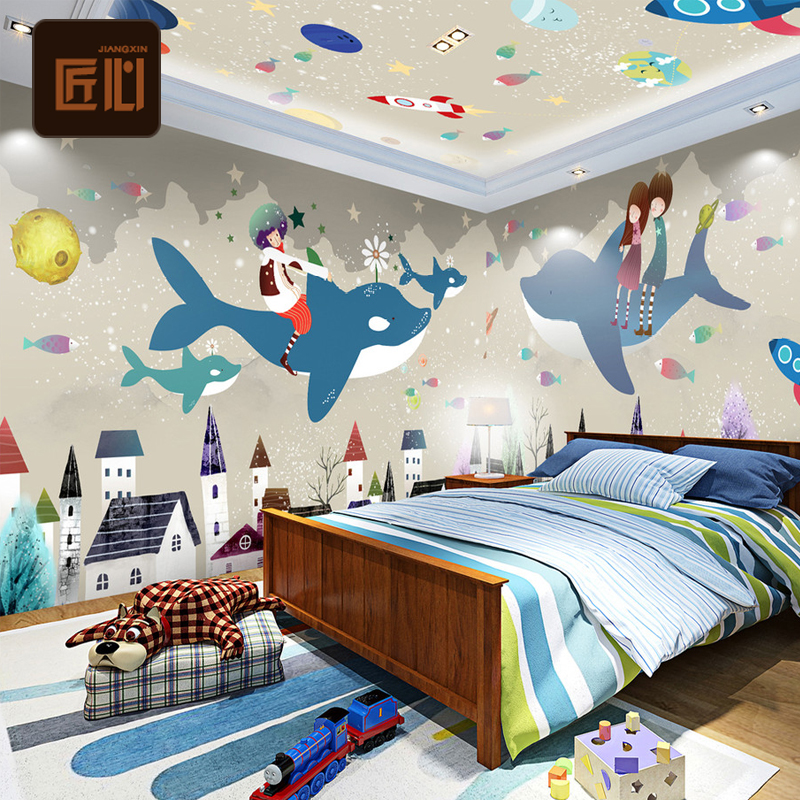 儿童房个性全屋定制壁纸手绘卡通鲸鱼蓝色海洋主题空间全屋背景墙