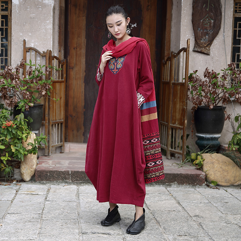 杨丽萍设计2017秋装新款原创复古印花民族风 棉麻 女装连衣裙女