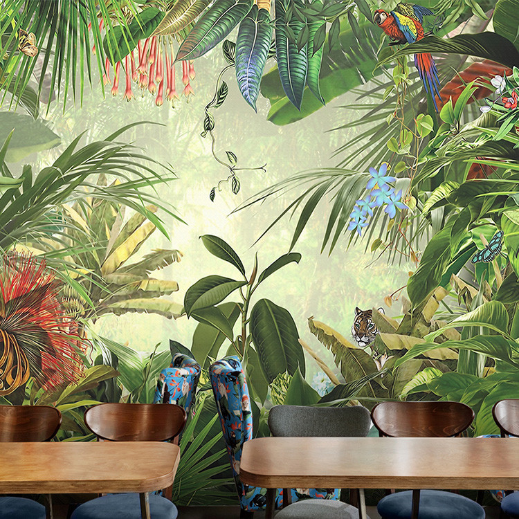 大型壁画东南亚热带雨林鹦鹉绿色芭蕉树墙纸客厅餐厅休闲娱乐壁画