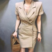 女士薄外套 中长款 亚棉麻职业小西装 短袖 OL气质连衣裙修身 夏季新款