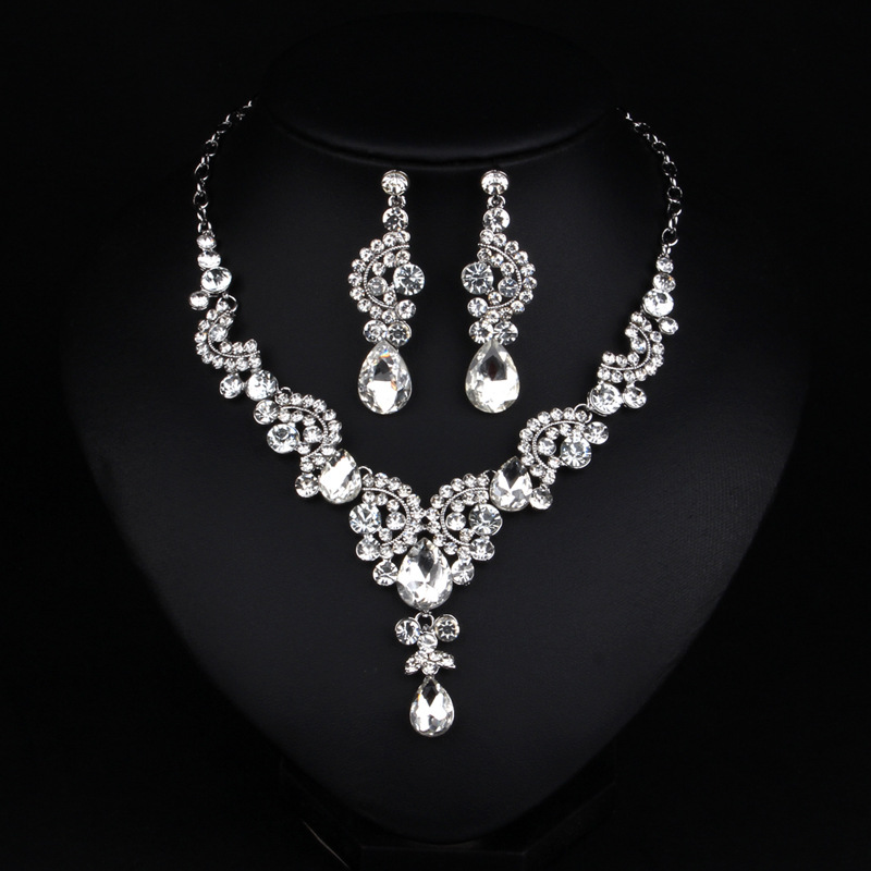 欧美奢华 彩色水晶宝石花朵项链耳环套装夸张晚宴女气质饰品
