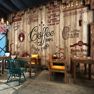 定制无缝工装咖啡厅壁纸西餐厅网咖墙纸背景墙复古怀旧咖啡馆壁画