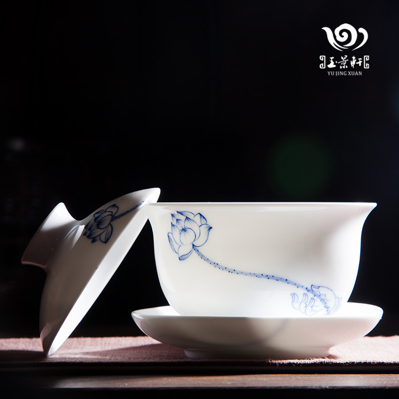 【玉景轩】景德镇青花瓷手绘单盖碗三才茶具功夫茶碗大号佛手莲花