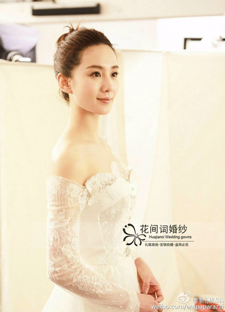 上海实体店 刘诗诗结婚婚纱同款 一字肩蕾丝小拖尾出门纱可试穿