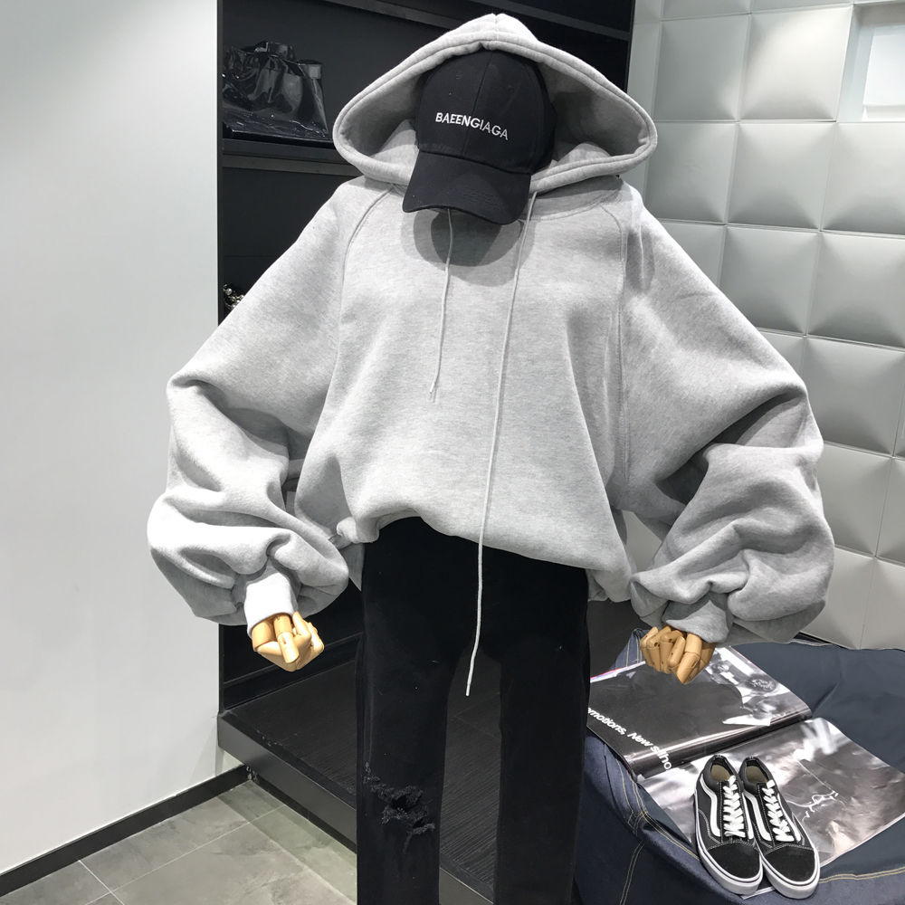 秋冬韩版ulzzang灯笼袖抽绳连帽套头学生卫衣纯色长袖加绒加厚女