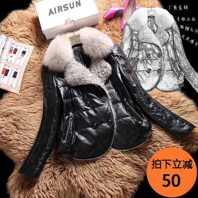 2016新款海宁绵羊皮真皮羽绒服女短款修身大