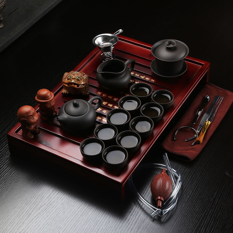 套装特价宜兴紫砂陶瓷茶具整套家用功夫茶具组合实木茶盘变色金蟾
