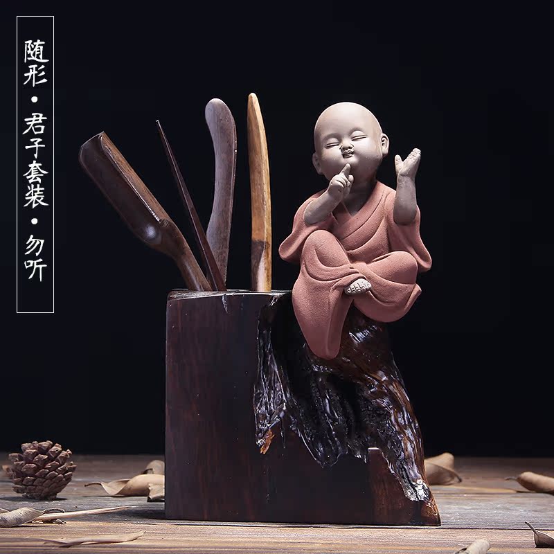 茶道六君子 茶盘配件 黑檀木 茶夹茶勺茶针原木茶桶高端 茶道配件