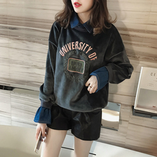 胖mm金丝绒假两件卫衣绒衫 大码 女刺绣字母牛仔打底衫 女装 秋冬韩版