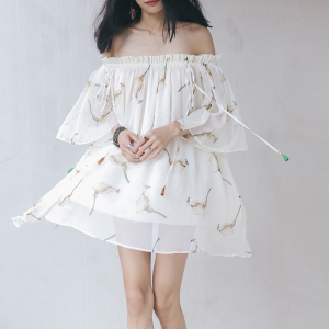 一字领露肩大摆度假沙滩裙