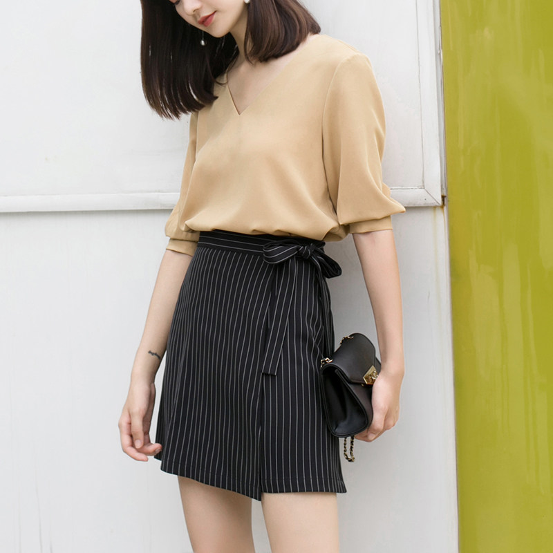 哈果自制 叠位开叉设计 高腰绑结竖条纹半身裙黑色白领ol裙子短款