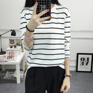 秋季女装修身上衣服夏韩版学生长袖t桖外穿纯棉短袖斑马横条纹t恤