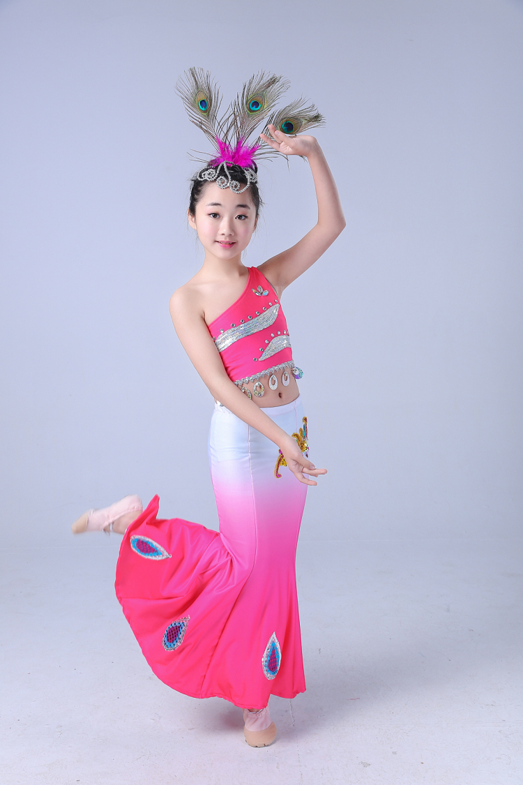 2017新款儿童傣族舞蹈服鱼尾裙孔雀舞演出服装女童肚皮舞民族长裙