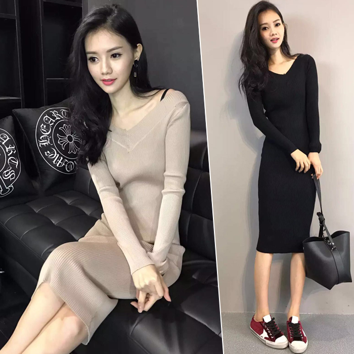 2016秋冬女装修身性感v领针织长裙长袖中长款包臀打底连衣裙紧身