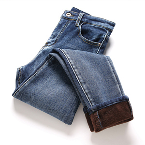 高腰弹力加绒牛仔裤