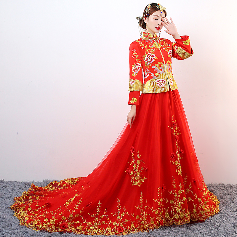 中式新娘礼服秀禾服2017新款古装旗袍婚纱红色结婚嫁衣龙凤褂女秋