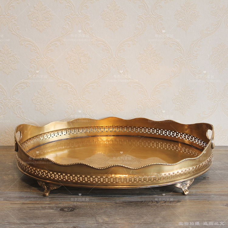 美式欧式法式古典复古怀旧贵族黄铜带把纯铜托盘果盘印度进口大号