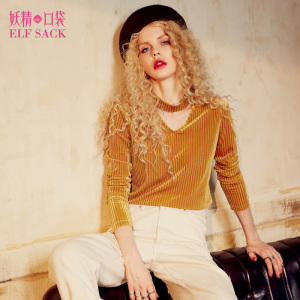 修身丝绒上衣镂空长袖T恤