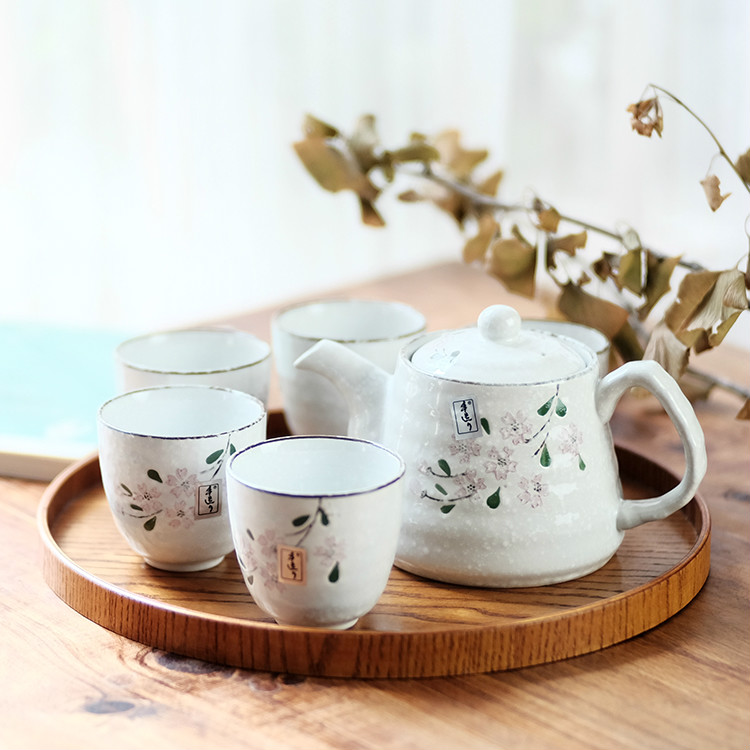 预售送茶盘 日式和风雪点樱花茶具套装 一壶五杯礼盒陶瓷茶壶礼品