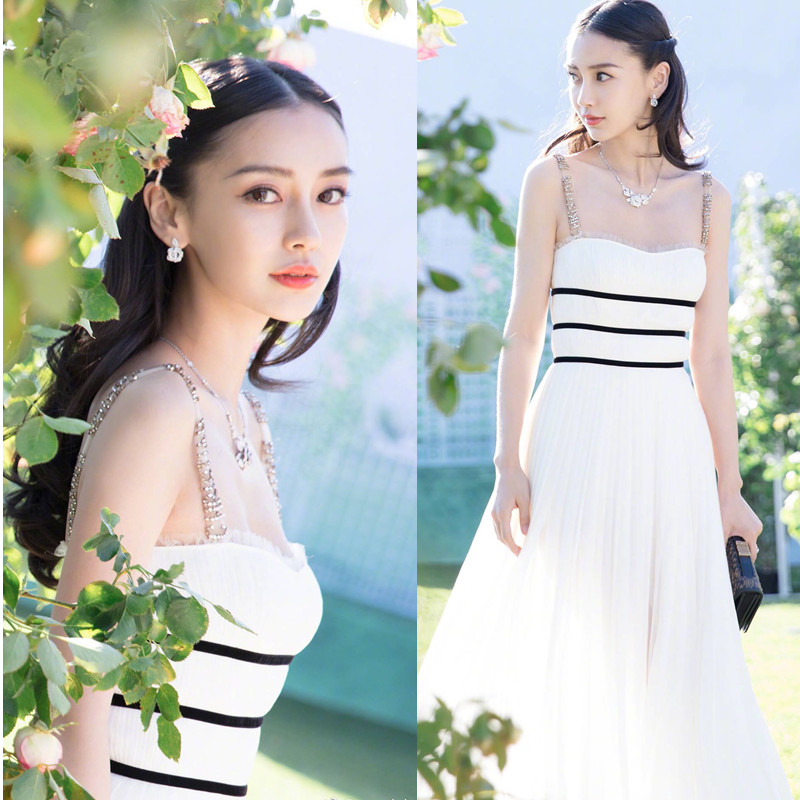 baby杨颖同款白色连衣裙吊带长裙仙女气质度假沙滩裙晚会礼服名媛