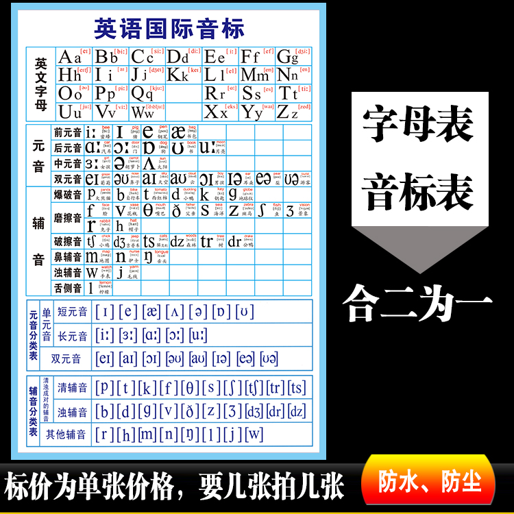 音标发音表对照表墙贴 大小写英文字母表海报 英语国际音标表挂图