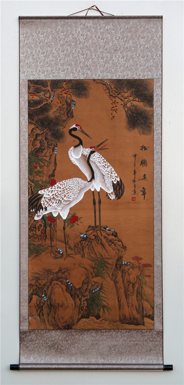 松鹤延年 寿桃 仙鹤 松树 仿古画国画 祝寿中式风格客厅中堂字画