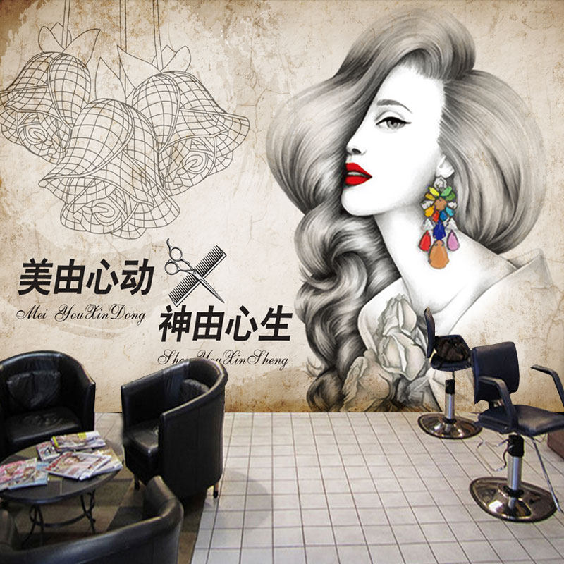 美发店墙纸时尚造型背景发廊美发壁画墙布创意砖纹壁纸理发店壁纸