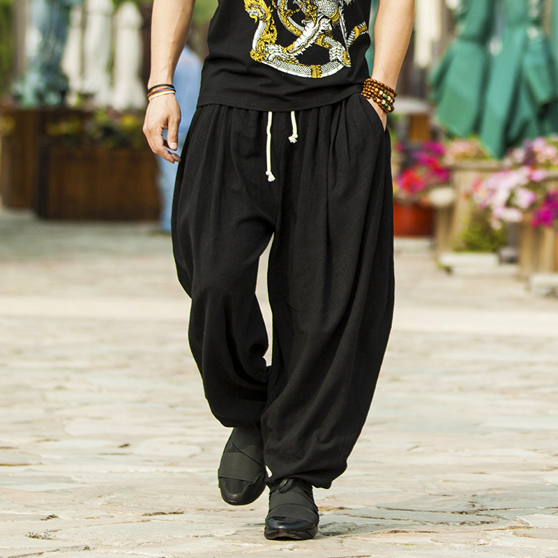 灯笼裤男中国风男士棉麻束脚休闲垮裤哈伦裤男春夏季宽松小脚长裤