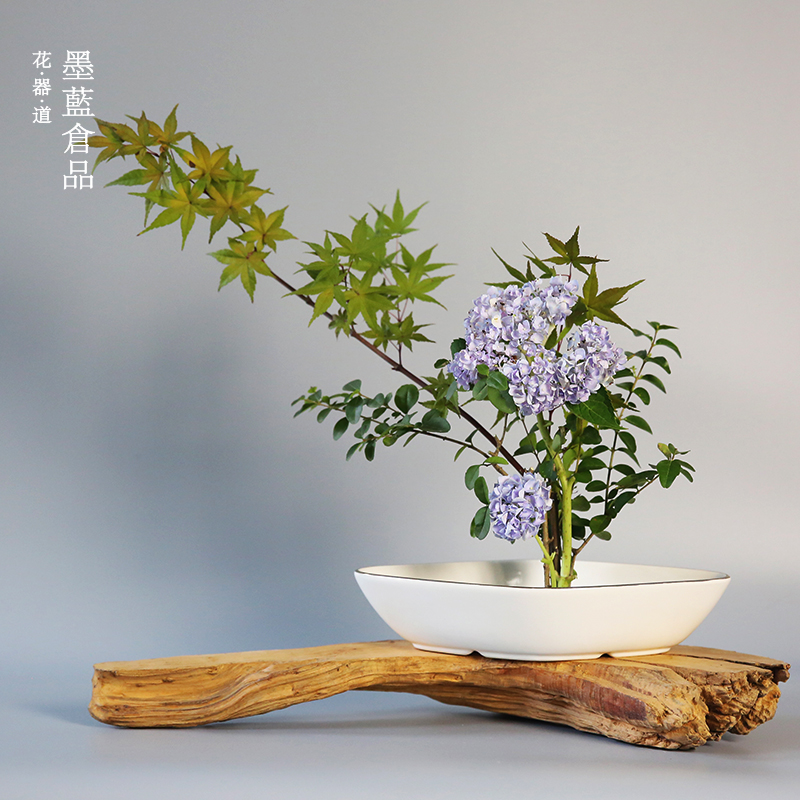 日式花器 小原流插花菱型金边白色 陶瓷花器花道 船型