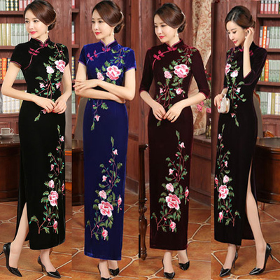 旗袍冬款2016新款金丝绒旗袍长款长袖秋冬女