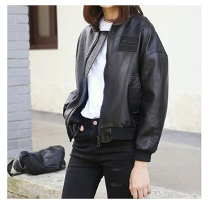 韩版宽松圆领pu皮夹克